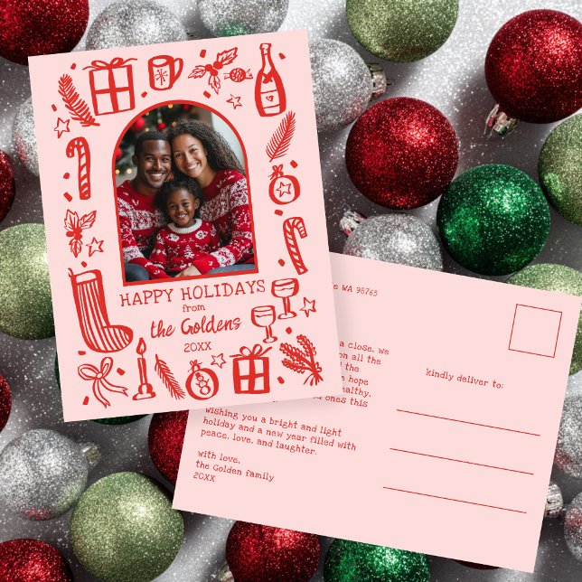 Whimsical Christmas  Cute Custom Arch PHOTO  Helg Vykort (Whimsical Christmas Doodle Sketch Hand-drawn Pink red Cute Custom Arch PHOTO Holiday Postcard
)
