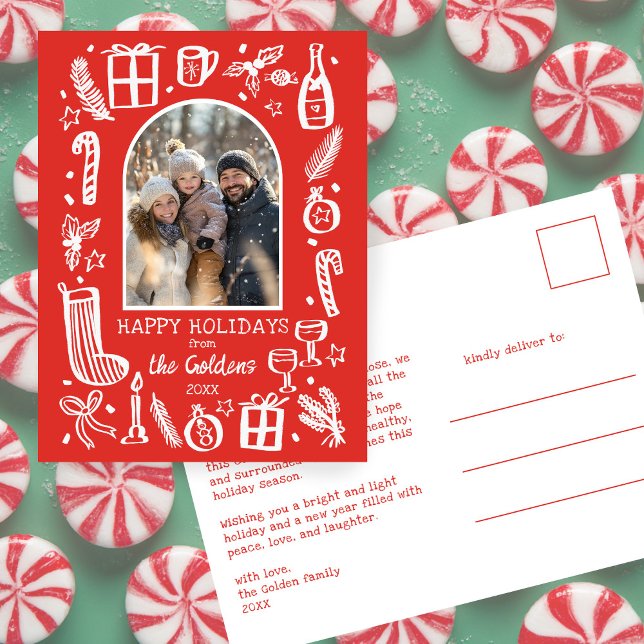Whimsical Christmas  Cute Custom Arch PHOTO  Helg Vykort (Whimsical Christmas Cute Doodle Sketch Custom Arch PHOTO Holiday Postcard
)