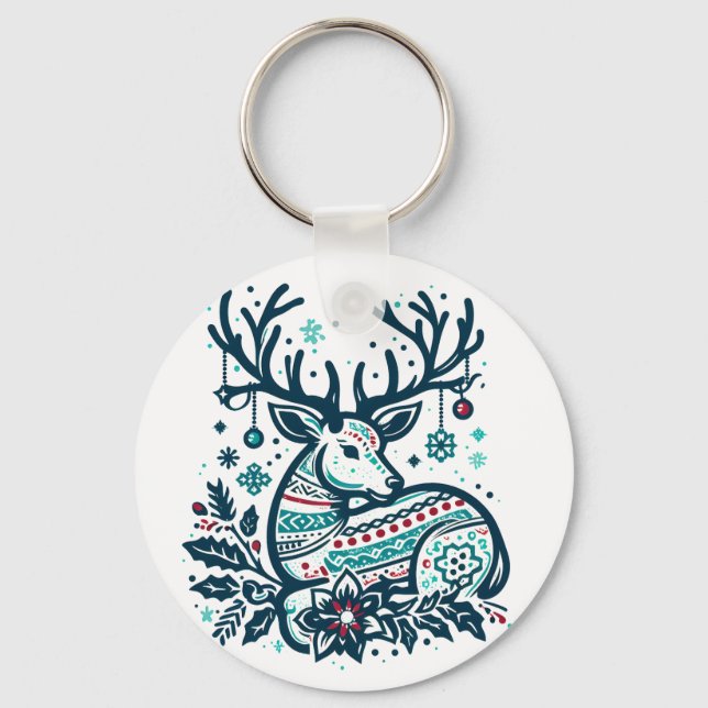 Whimsical Christmas Deer Vector Clipart - Festive Nyckelring (Framsida)