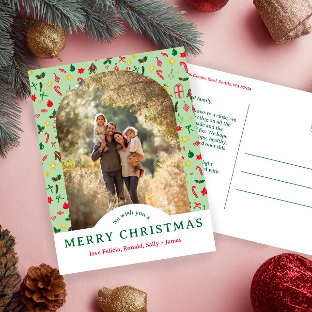 Whimsical CHRISTMAS Doodles ANPASSNINGSBAR Arch PH Vykort (Whimsical CHRISTMAS Doodles CUSTOM Arch PHOTO Holiday Postcard
)