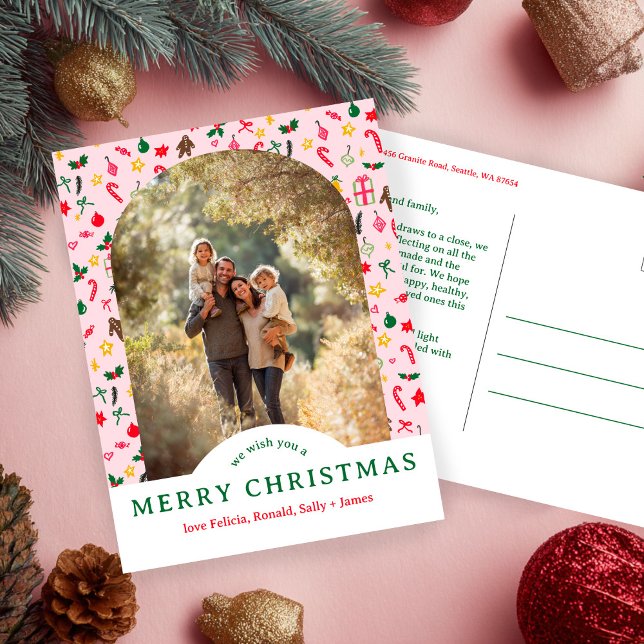 Whimsical CHRISTMAS Doodles ANPASSNINGSBAR Arch PH Vykort (Whimsical CHRISTMAS Doodles CUSTOM Arch PHOTO Holiday Pink Postcard
)