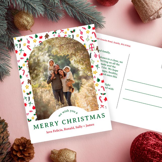 Whimsical CHRISTMAS Doodles ANPASSNINGSBAR Arch PH Vykort (Whimsical CHRISTMAS Doodles CUSTOM Arch PHOTO Holiday Postcard
)