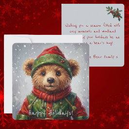 Whimsical Christmas Elf Teddy Bear Painterly Style Julkort
