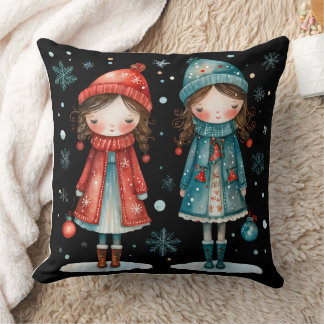 Whimsical Christmas Girls in the Snow Throw Pillow Kudde
