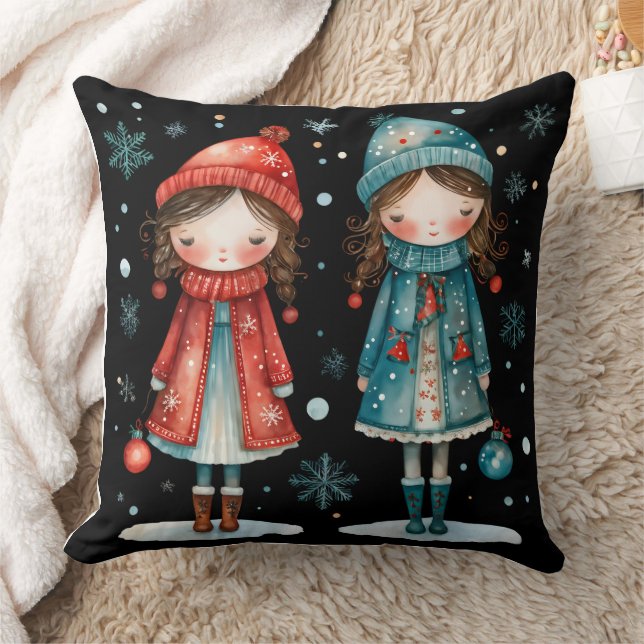 Whimsical Christmas Girls in the Snow Throw Pillow Kudde (Filt)