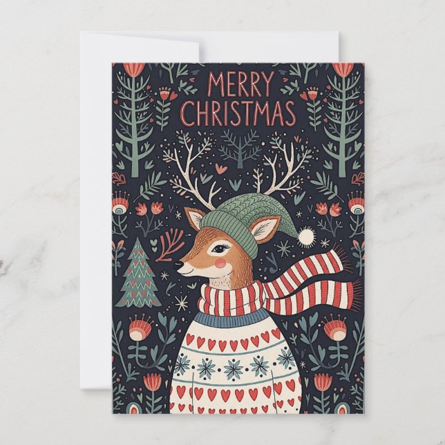 Whimsical Christmas greeting card with a deer  Julkort (Framsida)