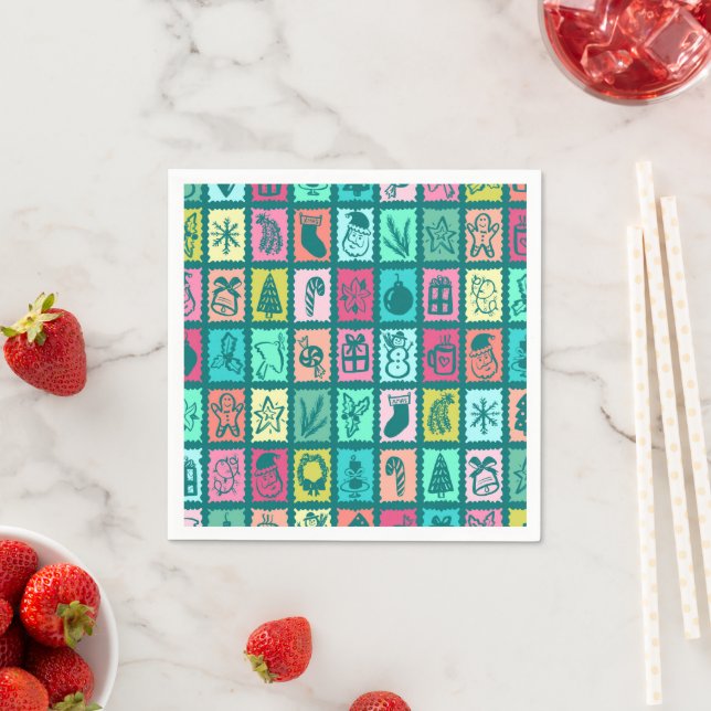 Whimsical Christmas Grid Cute Bright Holiday Paper Pappersservett (Insitu)