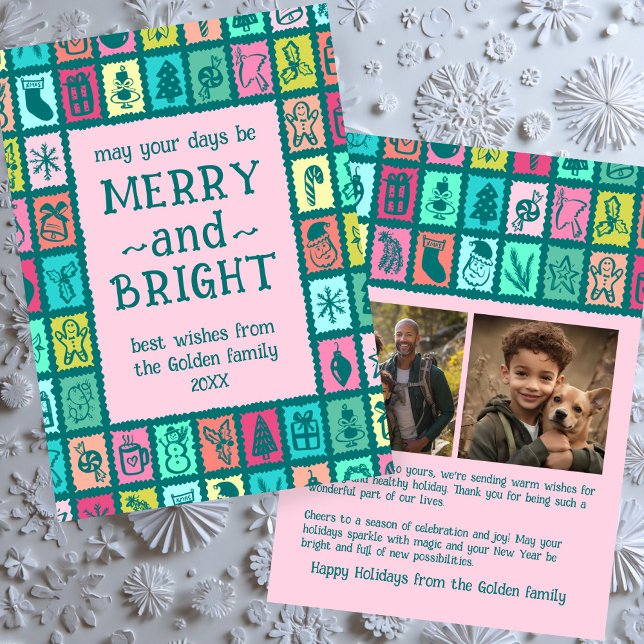 Whimsical Christmas Grid Cute Custom 2 PHOTO  Julkort (Whimsical Christmas Grid Cute Custom 2 PHOTO Holiday Card
)