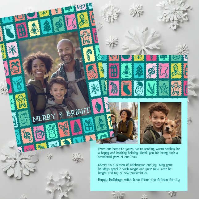 Whimsical Christmas Grid Cute Custom 3 PHOTO  Julkort (Whimsical Christmas Grid Cute Custom 3 PHOTO Holiday Card
)