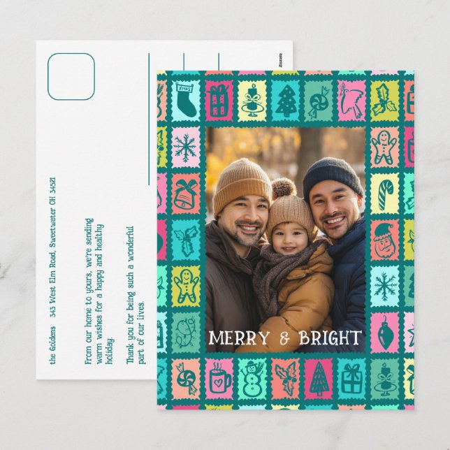 Whimsical Christmas Grid Cute Custom  Helg Vykort (Fram/baksida)