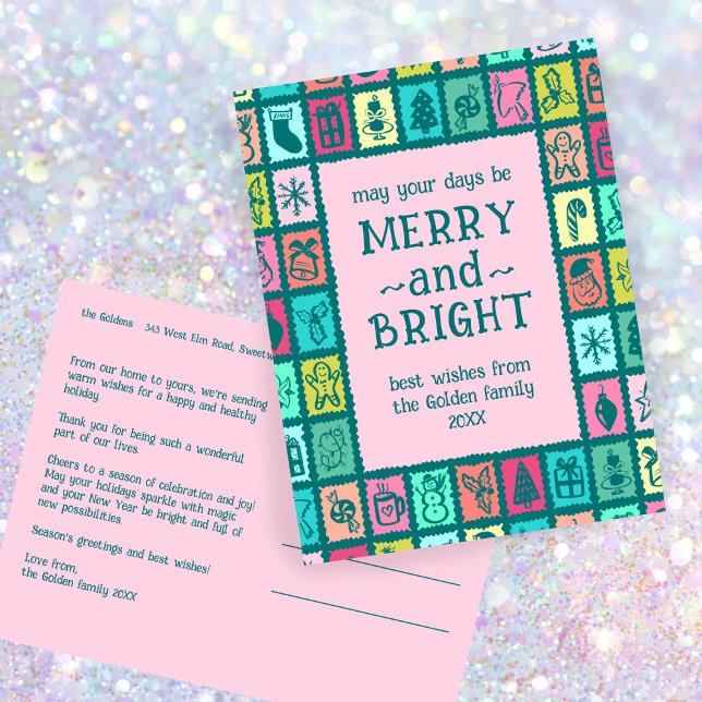 Whimsical Christmas Grid Cute Custom  Helg Vykort (Whimsical Christmas Grid Cute Custom Colorful Merry Bright Non-Photo Holiday Postcard
)
