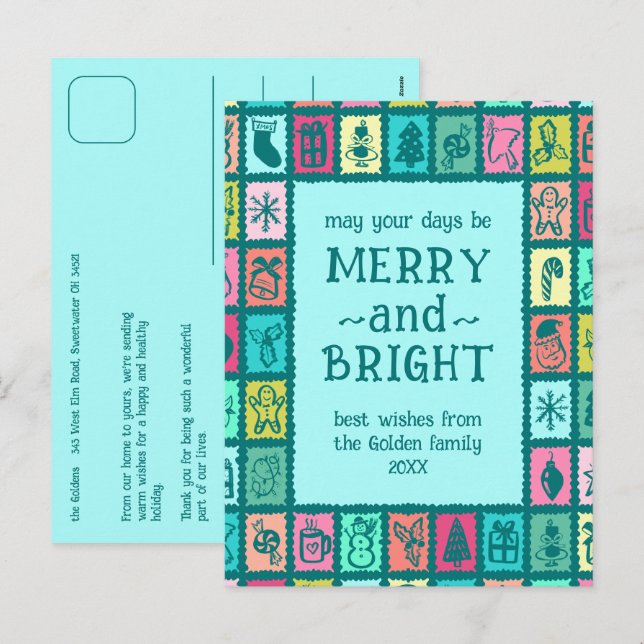 Whimsical Christmas Grid Cute Custom  Helg Vykort (Fram/baksida)