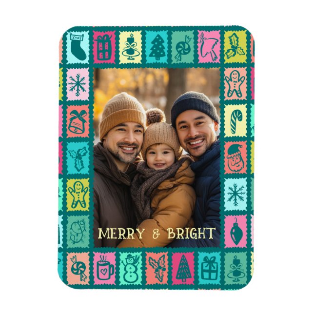 Whimsical Christmas Grid Cute Custom Photo  Magnet (Vertikal)