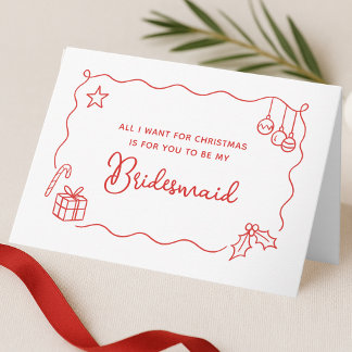 Whimsical Christmas Hand Drawn Bridesmaid Proposal Helgkort