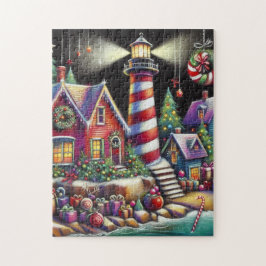 Whimsical Christmas Lighthouse Red Pink Purple Pussel
