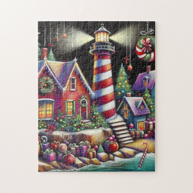 Whimsical Christmas Lighthouse Red Pink Purple  Pussel (Vertikal)