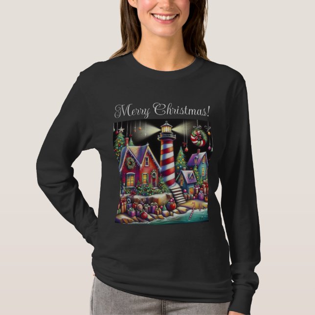 Whimsical Christmas Lighthouse Red Pink Purple  T Shirt (Framsida)