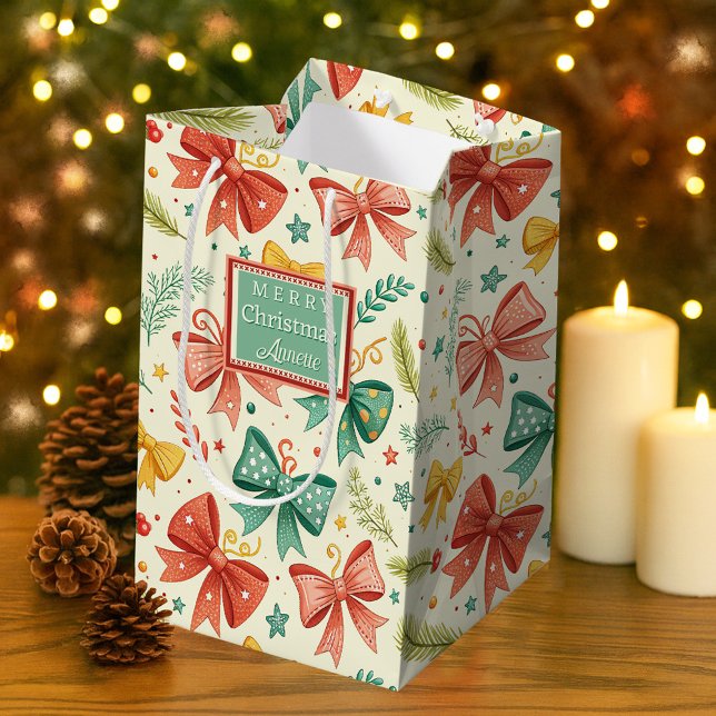Whimsical Christmas Pattern (Gift bag featuring a whimsical illustration of Christmas bows and pine twigs)