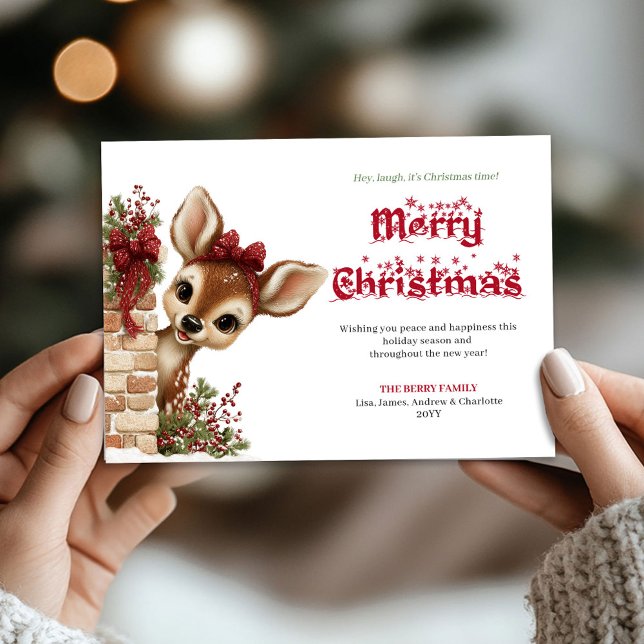 Whimsical Christmas peeking baby deer greeting  Julkort (Whimsical Christmas peeking baby deer greeting card)