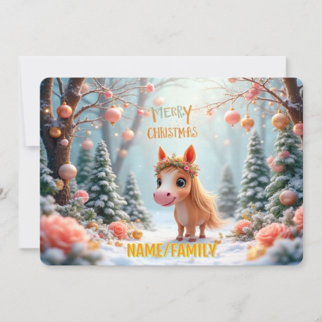 Whimsical Christmas Pony in Snowy Forest Julkort (Framsida)