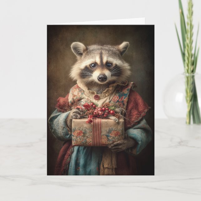 Whimsical Christmas Raccoon Helgkort (Framsida)