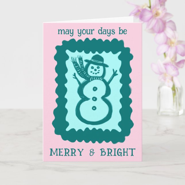 Whimsical Christmas Snowman Merry & Bright Holiday Kort (Orkide)