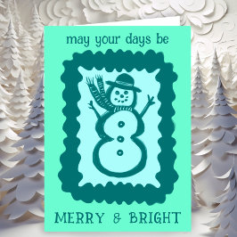 Whimsical Christmas Snowman Merry & Bright Holiday Kort