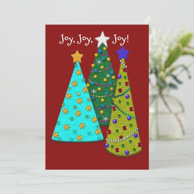 Whimsical Christmas Trees Faux Felt Look Julkort (Stående Fram)