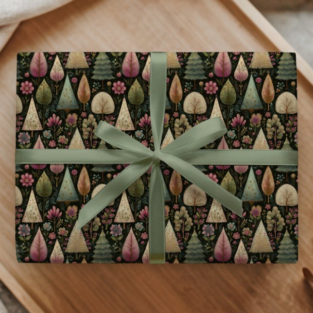 Whimsical Christmas Trees in Green and Pink Gift Presentpapper (Skapare uppladdad)