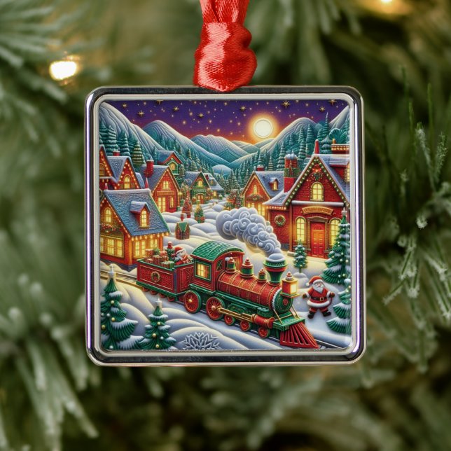 Whimsical Christmas Village Santa & Train Ornament (Träd)