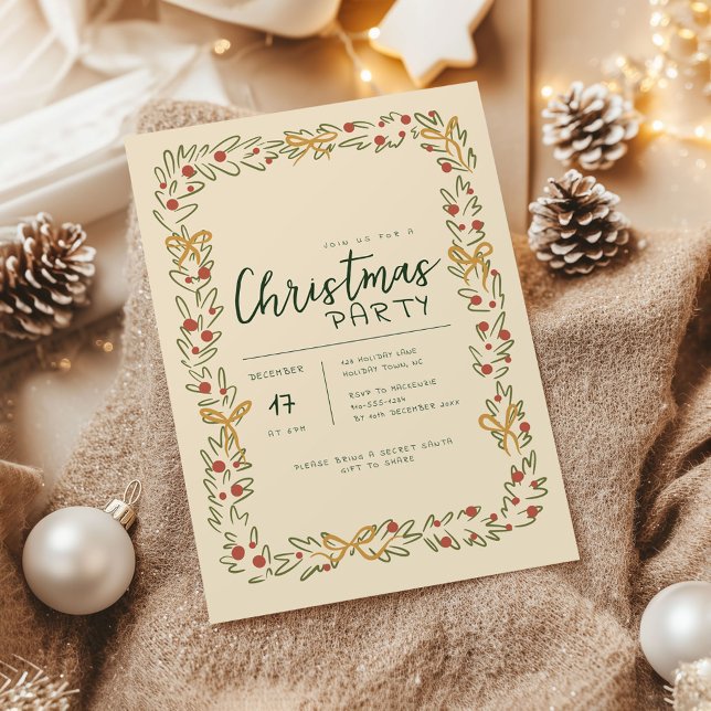 Whimsical Christmas Wreath & Bow Party Invitation Inbjudningar (Whimsical Christmas Wreath holiday party invitation)