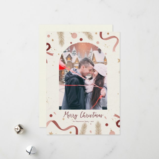 Whimsical Christmas Wreath & Bows Photo Card – Min Julkort (Fram/Back In Situ)