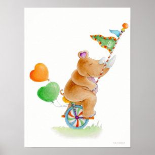 Whimsical cirkus enhjuling noshörning barnkammare  poster