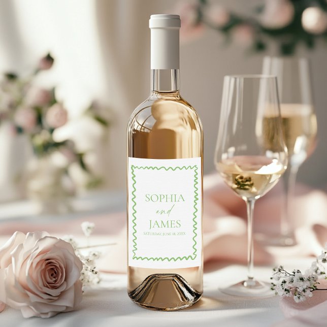 Whimsical Citrus Grön Vågig Kant Bröllop Vinflaska Etikett (Skapare uppladdad)