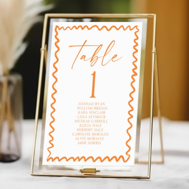 Whimsical Citrus Orange Wavy Border Wedding Bordsnummer (Skapare uppladdad)