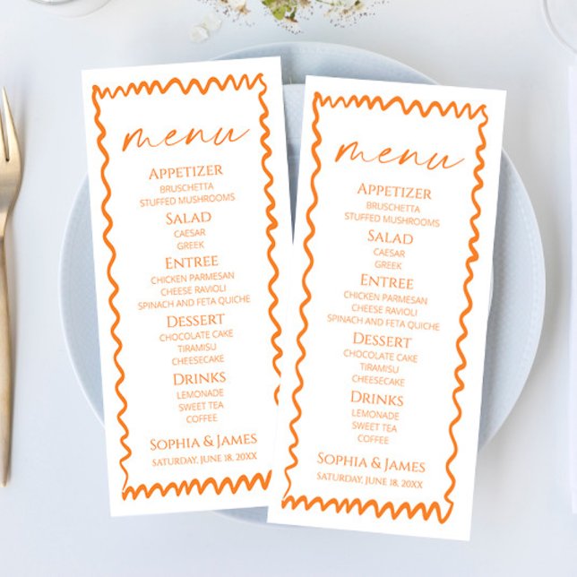 Whimsical Citrus Orange Wavy Border Wedding Meny (Skapare uppladdad)