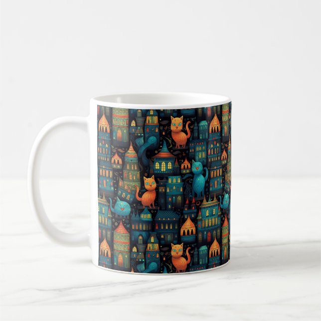 Whimsical City Cats AI Art Kaffemugg (Vänster)