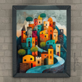 Whimsical City Modern Folk Art Oljemålning Poster
