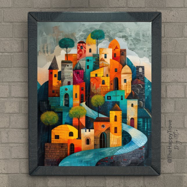 Whimsical City Modern Folk Art Oljemålning Poster (Skapare uppladdad)