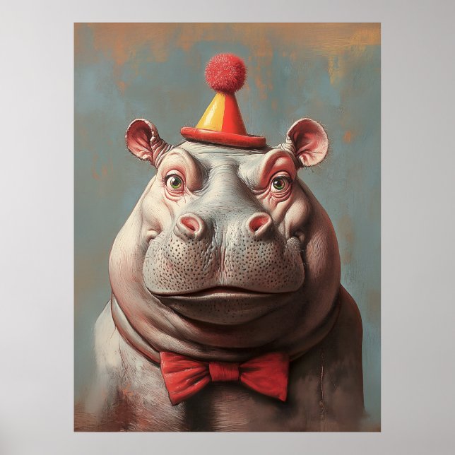Whimsical Clown Hippo Porträtt Poster (Framsidan)