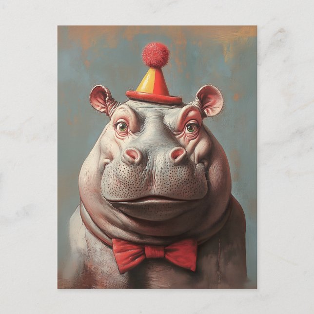 Whimsical Clown Hippo Porträtt Vykort (Framsida)