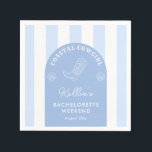 Whimsical Coastal Cowgirl Bachelorette Party Pappersservett<br><div class="desc">Den här roligten blå och vit är baserad på en vit cowboybock i hand plockade mot en blå bågform med bred blå och vit strimlad bakgrund. Observera att all inslag (båge,  rand,  start,  snäcka,  text) kan ändras till ditt eget anpassningsbar färg).</div>