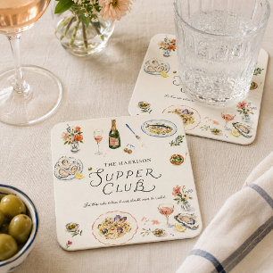 Whimsical Coastal Supper Club Vattenfärg Underlägg Papper Kvadrat