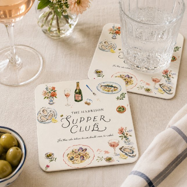 Whimsical Coastal Supper Club Vattenfärg Underlägg Papper Kvadrat (Skapare uppladdad)