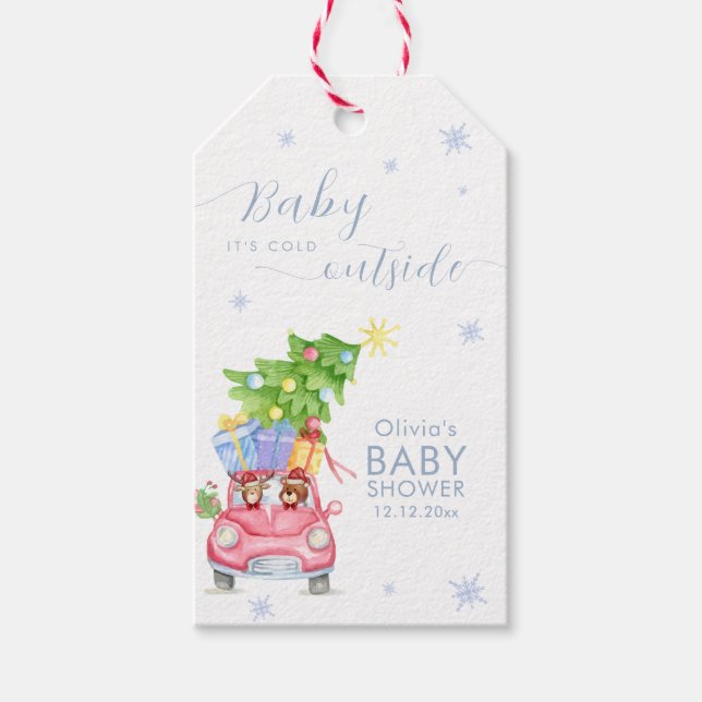 Whimsical Cold Outside Reindeer Bear Baby Shower  Presentetikett (Framsidan)