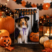 Whimsical Collie Häxa & Katt Trick-or-Treat Vikad