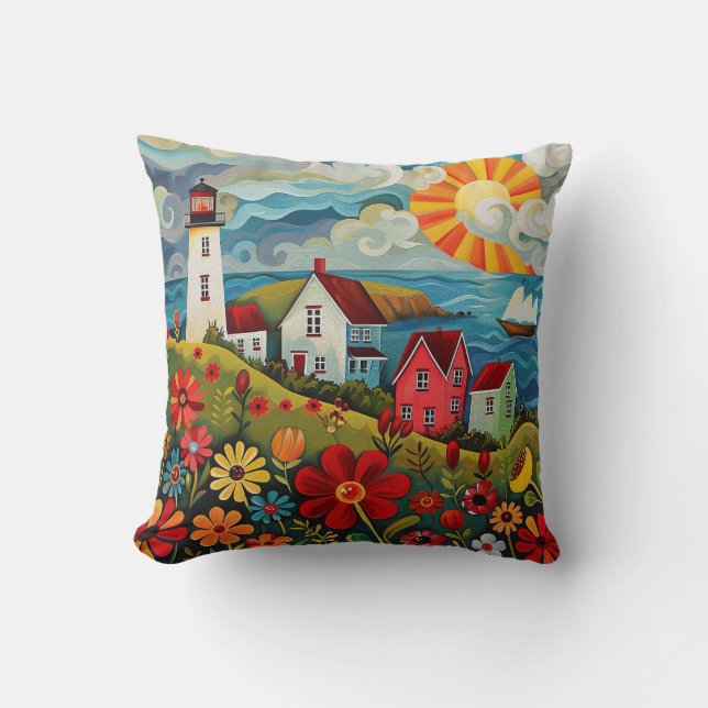 Whimsical Colorful Blommigt Light House Kudde (Framsida)