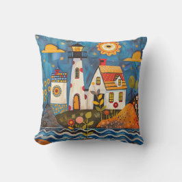 Whimsical Colorful Blommigt Light House Kudde