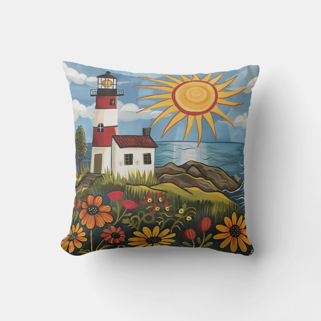 Whimsical Colorful Blommigt Light House Kudde (Framsida)
