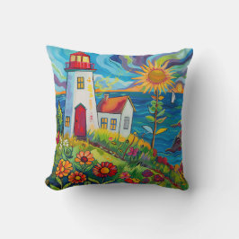 Whimsical Colorful Blommigt Light House Kudde